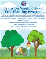 Mayor Ken Hopkins Announces the 2024 Cranston Spring Tree Planting Program Is Accepting Applications